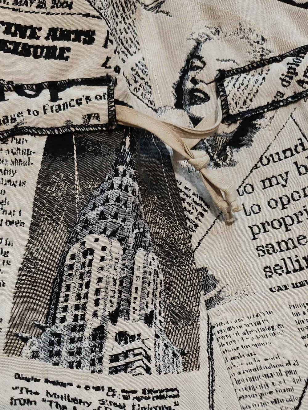 Vintage Style Drawstring Pouch Black Cream Newsprint Red Lining Travel Organizer